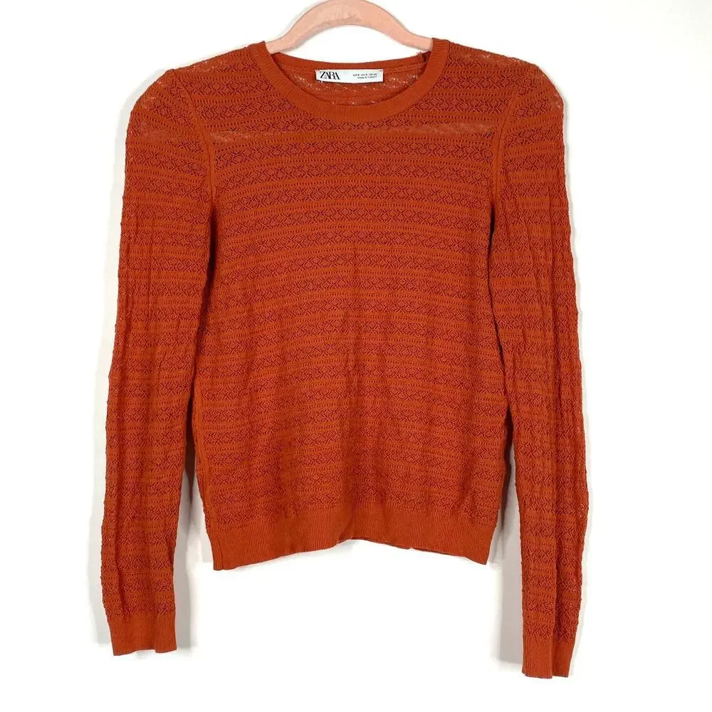 2/$30 ZARA Open Knit Crochet Sweater Small Burnt Orange Crew Long Sleeve #6453 - Picture 3 of 13